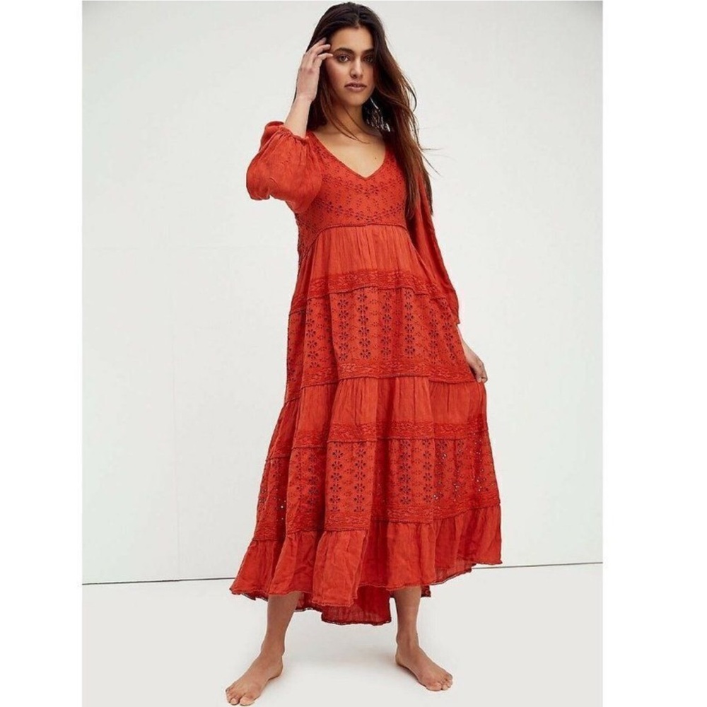 FREE PEOPLE MOCKINGBIRD EYELET TIERED MAXI DRESS SMALL